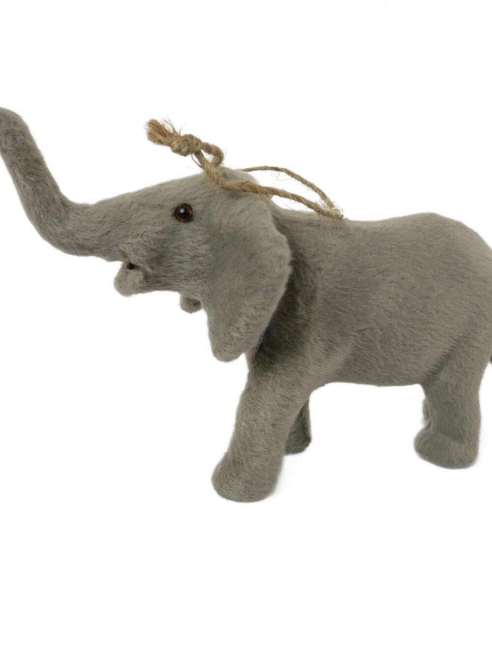 Flocked Realistic Looking Elephant Hanging Ornament Decoration Gray 8.5” Long